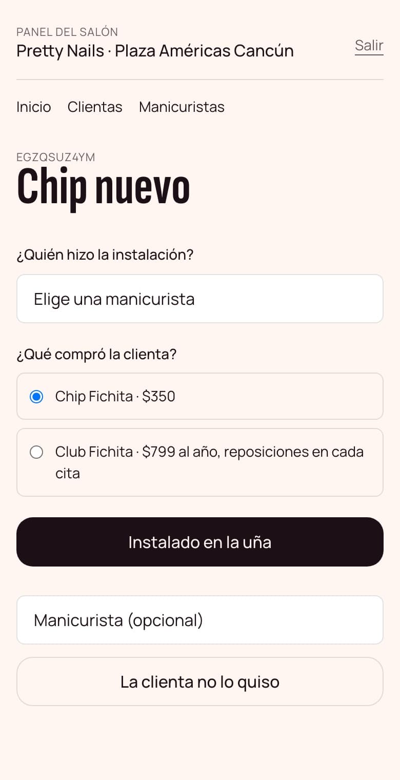 Pantalla del panel del salón: chip nuevo, elegir manicurista y plan